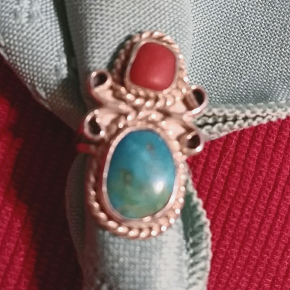 NWT-NEW- STERLING, CORAL & TURQUOISE RING.5.5/125 * VINTAGE